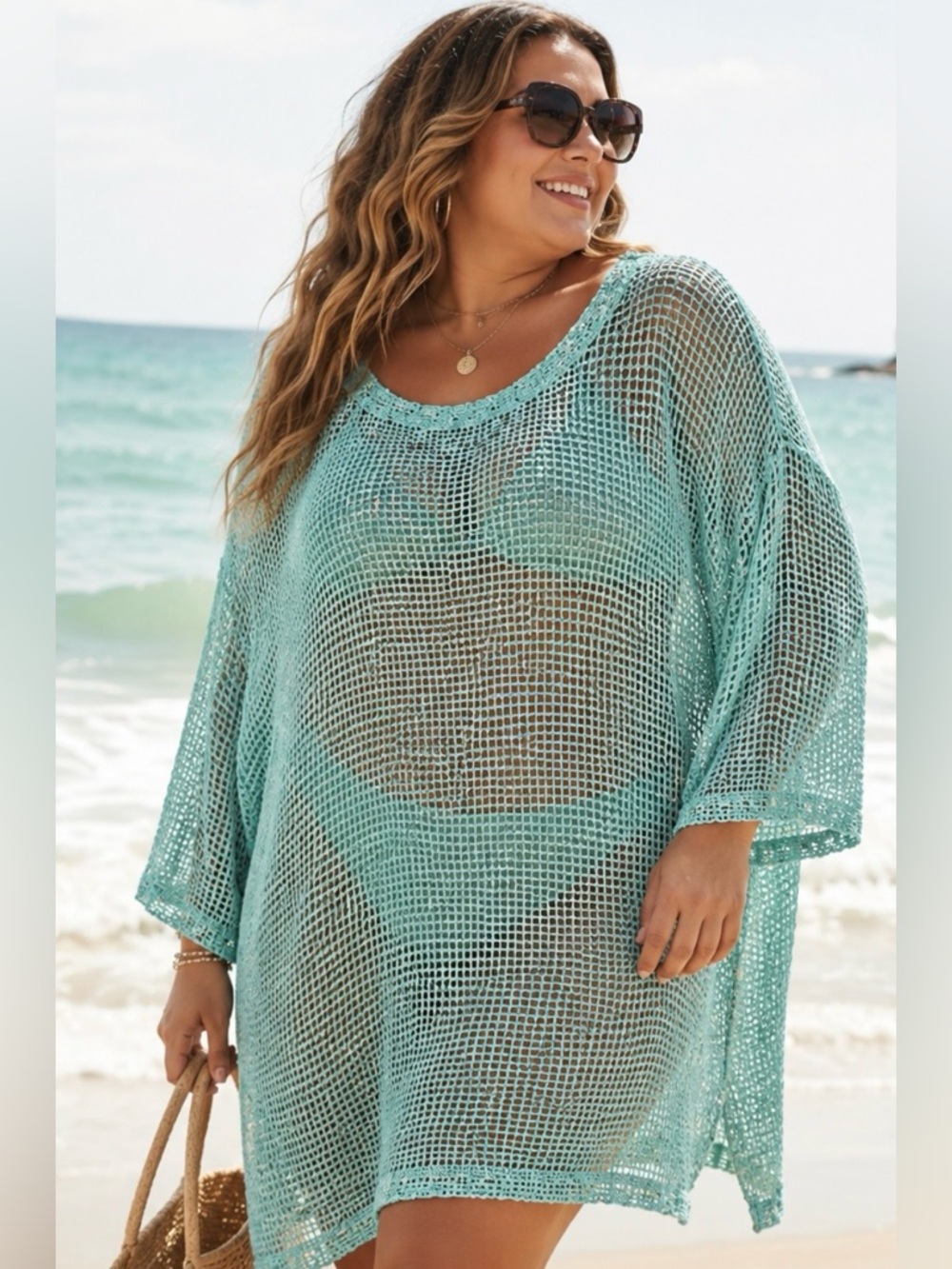 Kulu-B Aqua Open Knit Beach Cover Up Tunic XL Boho Coastal Resort Wear